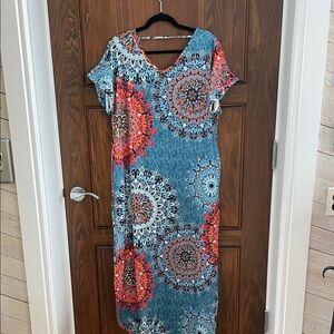 Bohemian Floral Medallion Maxi Dress - Blue & Coral